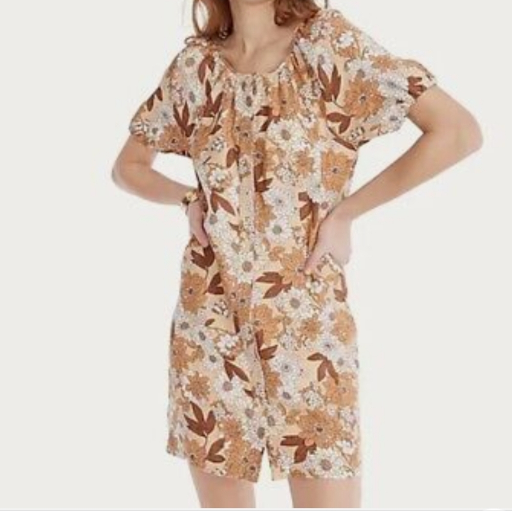 J CREW Womens Floral V-Back LINEN Shirt Dress Sheath Camel Brown BG4…